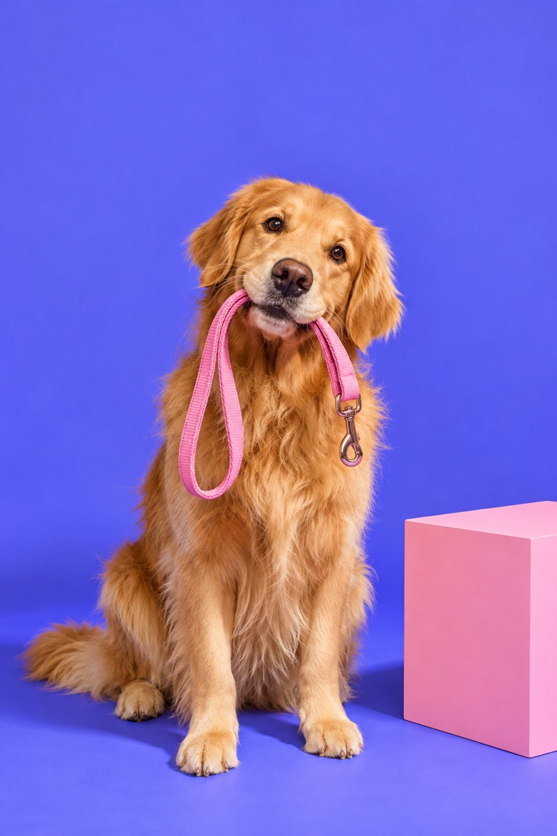 Imagem de um golden retriever em cenário roxo e rosa