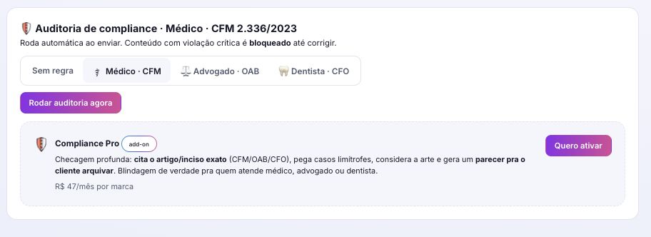 Revisão de conformidade no INfluxo: escolha da regra CFM, OAB ou CFO por marca, com bloqueio de violação crítica