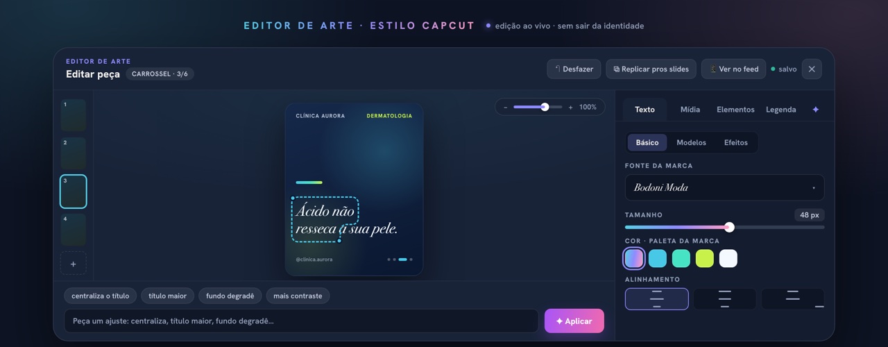 Editor de arte do INfluxo estilo CapCut, na identidade da Clínica Aurora