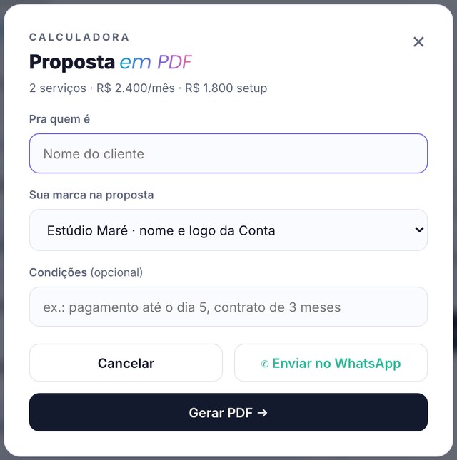Proposta em PDF no INfluxo: nome do cliente, sua marca no documento e envio direto no WhatsApp