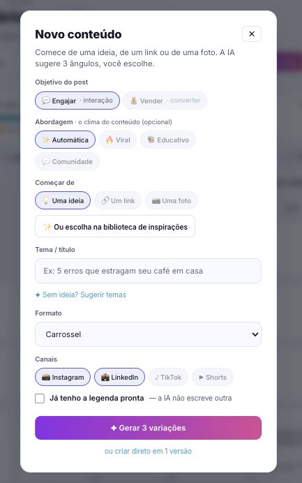 Tela de novo conteúdo no INfluxo: objetivo, abordagem, formato e canais do post